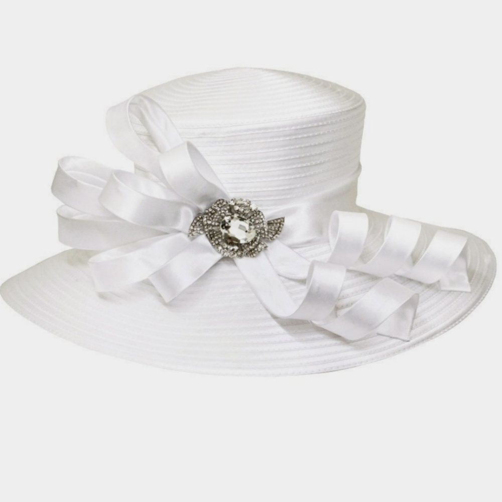 Stunning White 5 Star⭐ Rated Church Brunch Hat With Elegant Rhinestone Brooch